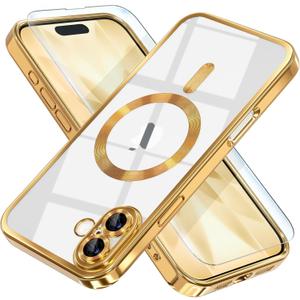 Misea Magnetic for iPhone 17 Case Compatible with MagSafe [Never Yellowing] [Military Grade Drop Protection] Full Camera Lens Protector Plating Soft Clear Phone Case for Women, Gold