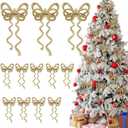 Thyle 12 Pcs 6.7''x3.4'' Gold Glitter Christmas Bows Ornaments Plastic Shiny Christmas Tree Decorations Bows for Wreath Garland Xmas Party Decorations Wedding Baby Shower Home Indoor Outdoor