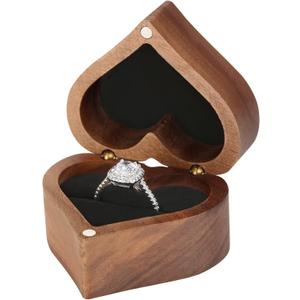 LETURE Wooden Heart Shape Ring Gift Box with Single Slot 2 Slot, Personalized Vintage Wood Jewelry Box for Proposal Engagement Wedding Ceremony Anniversary (Black-1 Slot)