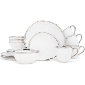 Elanze Designs 16-Piece Metallic Bubble Porcelain Ceramic Plates Bowls Mugs Dinnerware Set - Service for 4, White With Silver Accents