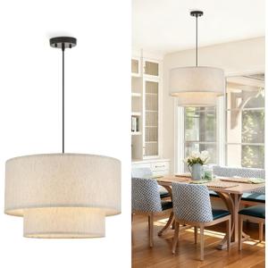 VILUXY Drum Fabric Pendant Light Farmhouse White Chandelier Double Drum Shade Hanging Ceiling Light Fixture 3 Lights Linen for Bedroom Dining Room Living Room Entryway