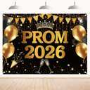 Prom 2026 Backdrop - Crown Graduation Prom Night Party Decorations, Graduation Backdrop for Photography Congratulate Congrats Grad Banner Black and Gold Proms Send Off 2026 Party Decorations 7x5ft
