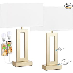 Seealle Nightstand Table Lamps for Bedrooms Set of 2  Touch Bedside Lamp with USB C+A, 3 Way Dimmable Living Room Lamps for End Tables Set of 2(White&Gold)