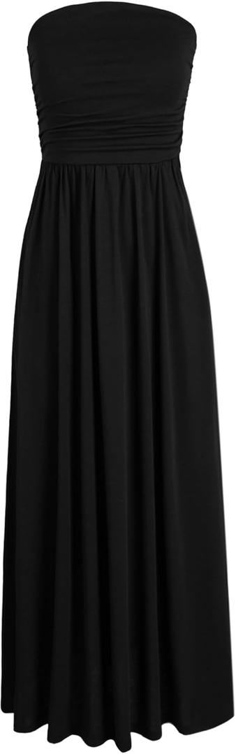 HUSKARY Tube Top Dress for Women Summer Casual Off Shoulder Midi Beach Vacation Dresses with Pockets (Large, Black)