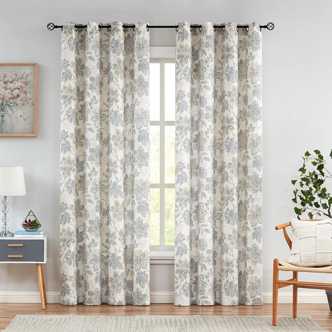 Floral Botanical Light Filtering Curtain Panel with Green and Blue Leaf for Rustic Farmhouse Linen Texture Grommet Top Window Treatment Drapes for Living Room Bedroom 52"x84", 2 Panels