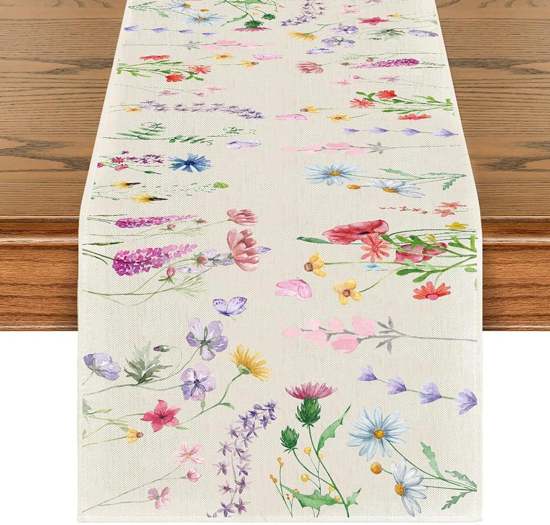 Wildflowers Floral Table Runner, Summer Fall Table Decoration with Meadow Grass and Botanical Print for Kitchen Dining Table or Home Party, 13x75 Inch