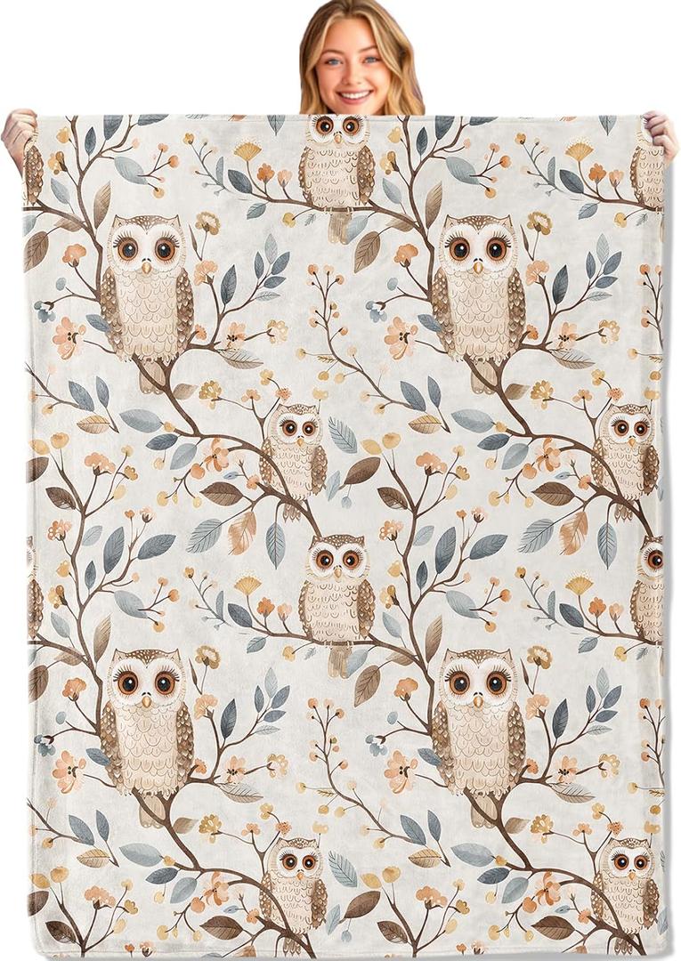 Cute Owl Throw Blanket,50x60in,Soft,Lightweight Flannel,Adorable Cartoon Bird and Branch Blankets - Gifts for Adult & Animal Lovers,for Couch Office Travel,Home Living Room Decor