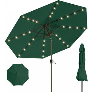 10FT Solar Umbrella 32 LED Lighted Patio Umbrella Table Market Umbrella w/Tilt and Crank, UV-Resistant Outdoor Umbrella for Pool, Garden, Deck, Forest Green