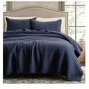 WDCOZY 100% Cotton Queen Size Quilt Set - Navy Blue Striped Pick Stitch Soft Lightweight Bedspread, Textured Like Linen, Farmhouse Country Rustic Coverlet, Shabby Chic Gauze Bedding, 3 Pieces