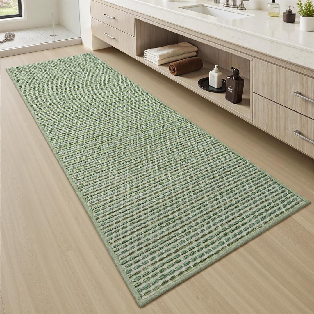 AMOAMI Unique Woven Bathroom Runner Rug, Super Absorbent Non Slip Bath Mats for Bathroom Textured Bathroom Mat Quick Dry Boho Rugs Runners for Hallyways Kitchen Bedroom Beside Tub, 2' x 6', Sage