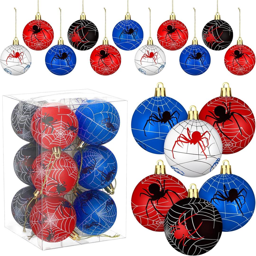 Syhood 12 Pcs 2.4'' Spider Christmas Ball Ornaments Christmas Tree Balls Foam Hanging Decoration Spider Web Pattern Xmas Party Supplies for Home Decoration