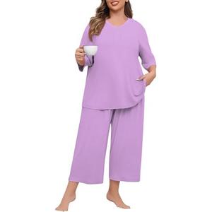 Lastshe Women's Plus Size Pajama Set 2 Piece V Neck Capri Pants Loungewear with Pockets Knit Soft Pjs Sleepwear 3X