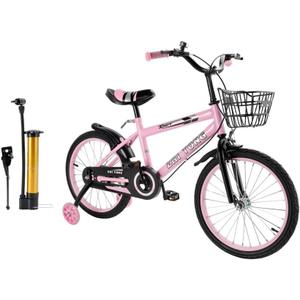 Bruce & Shark Pink 18 Inch Kids Bike with Training Wheels, Adjustable Seat, Carbon Steel Frame, Dual Brakes, Anti-Slip Wheels, Easy Assembly Youth Bicycle 3'1"–4'3" Height