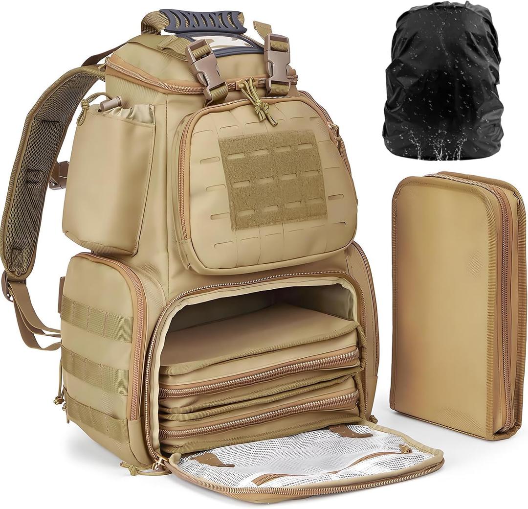 Tactical Pistol Backpack with 3 Pistol Cases, Range Backpack with Rain Cover for Shooting and Hunting (Khaki)
