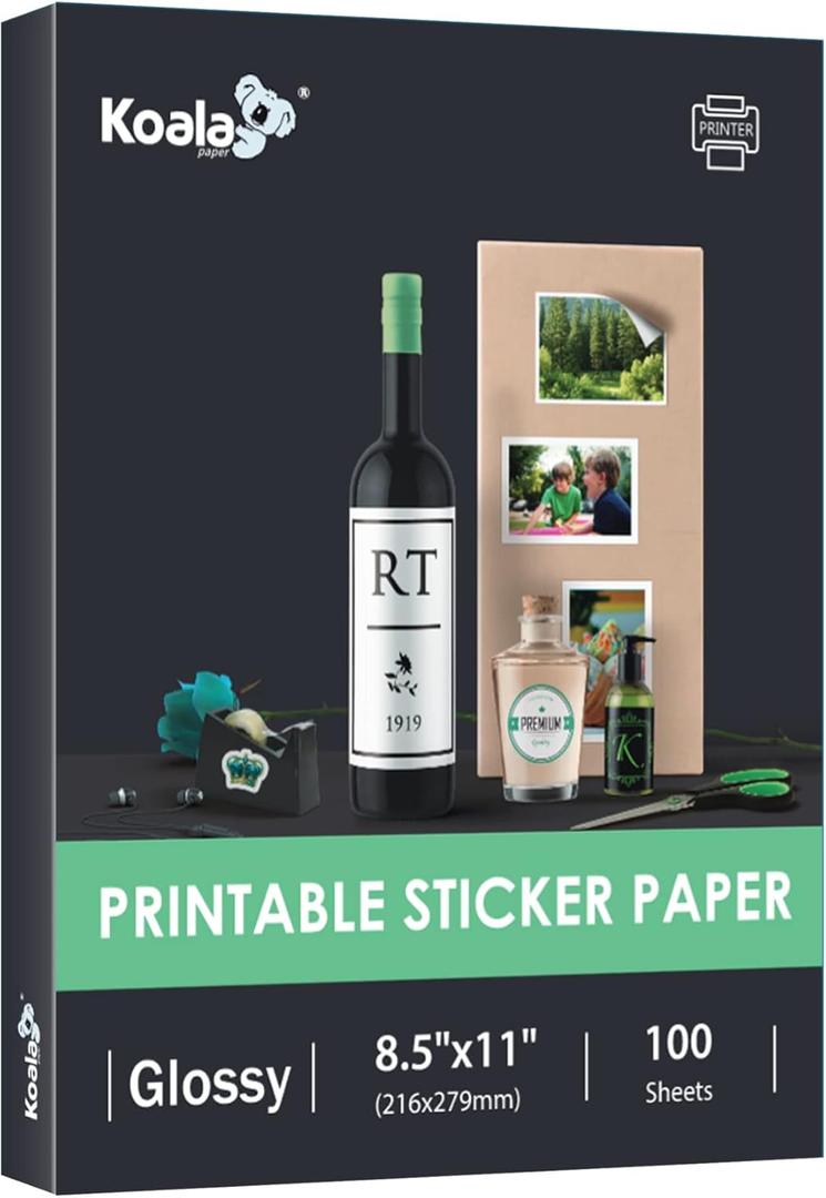 Koala Glossy Sticker Paper for Inkjet & Laser Printer, Printable Photo Sticker Paper, 100 Sheets 8.5x11 In Self-Adhesive Photo Paper for Scrapbooking, Brand Logo, Party Decor Stickers