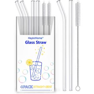 HeykirHome 4-Pack Reusable Glass Straw, Size 8.5''x10 MM,Including 2 Straight and 2 Bent with 2 Cleaning Brush- Perfect For Smoothies, Tea, Juice