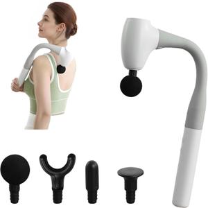 Massage Gun with Extended Handle, Upgraded U-Shaped Back Massager, Reaches Hard-to-Access Muscles, 4 Massage Heads & 4 Speed Levels, Body Massager for Back, Waist, Neck, Shoulder, Leg, White