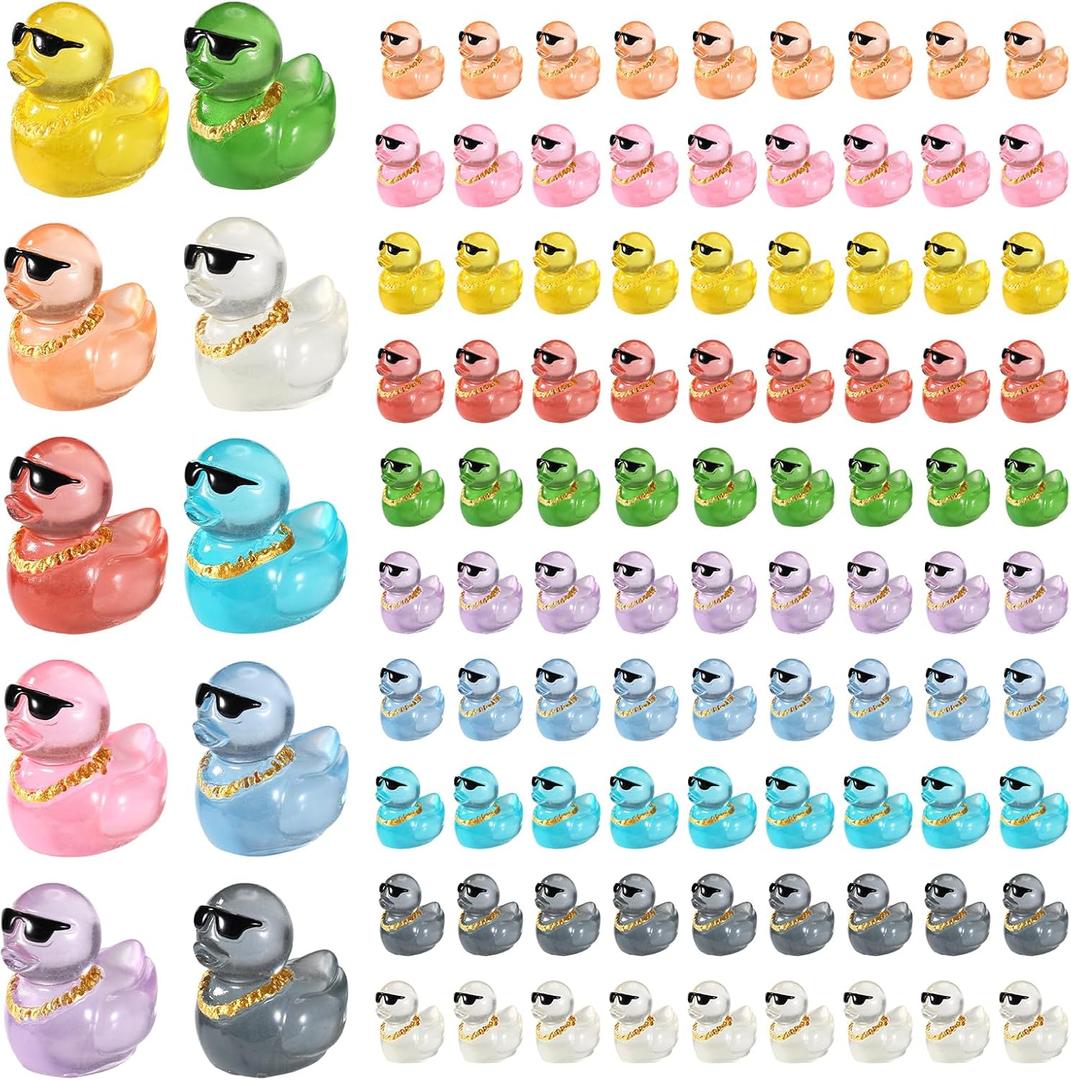 100pcs Mini Ducks with Sunglasses & Gold Chain, Colorful Luminous Resin Miniature Duck Figurines Small Glow in The Dark Animal Tiny Desktop Dollhouse Garden Micro Ornament Landscape Decor