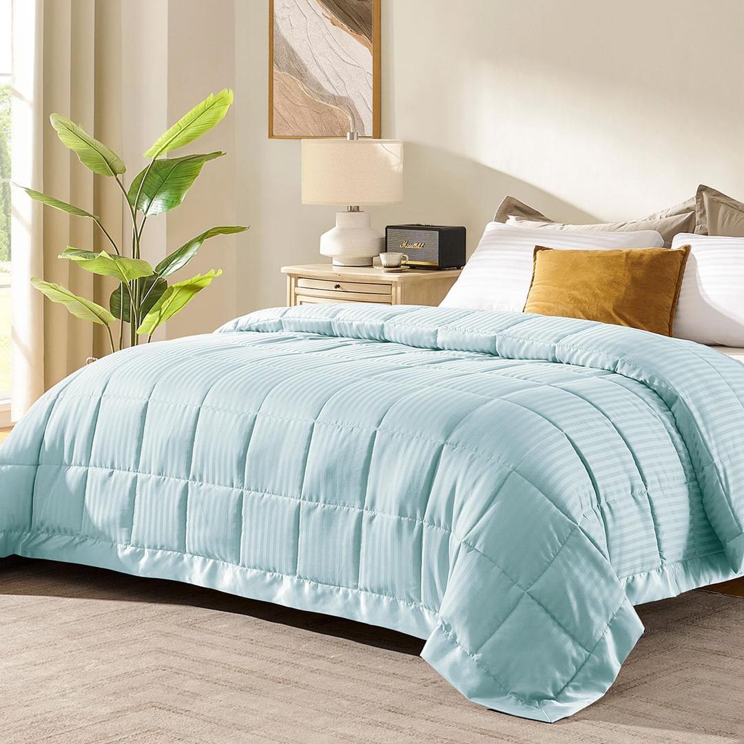 downluxe Queen Size Blanket with Satin Trim, Lightweight Down Alternative Blankets Queen Size for All Season, Machine Washable (Cool Blue, 90x90 Inch)