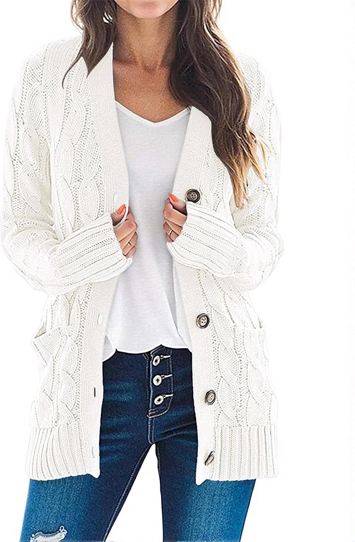 MEROKEETY Women's Cable Knit Cardigan Sweaters 2026 Fall Spring Long Sleeve Open Front Button Down Trendy Outerwear Coats (White, S)