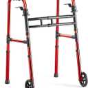 Loyoda Walkers for Seniors Foldable, Aluminum Lightweight Walker with Wheels, Adjustable Height & Width Standard Walkers for Elderly & Disabled, 350 lbs Capacity, Red