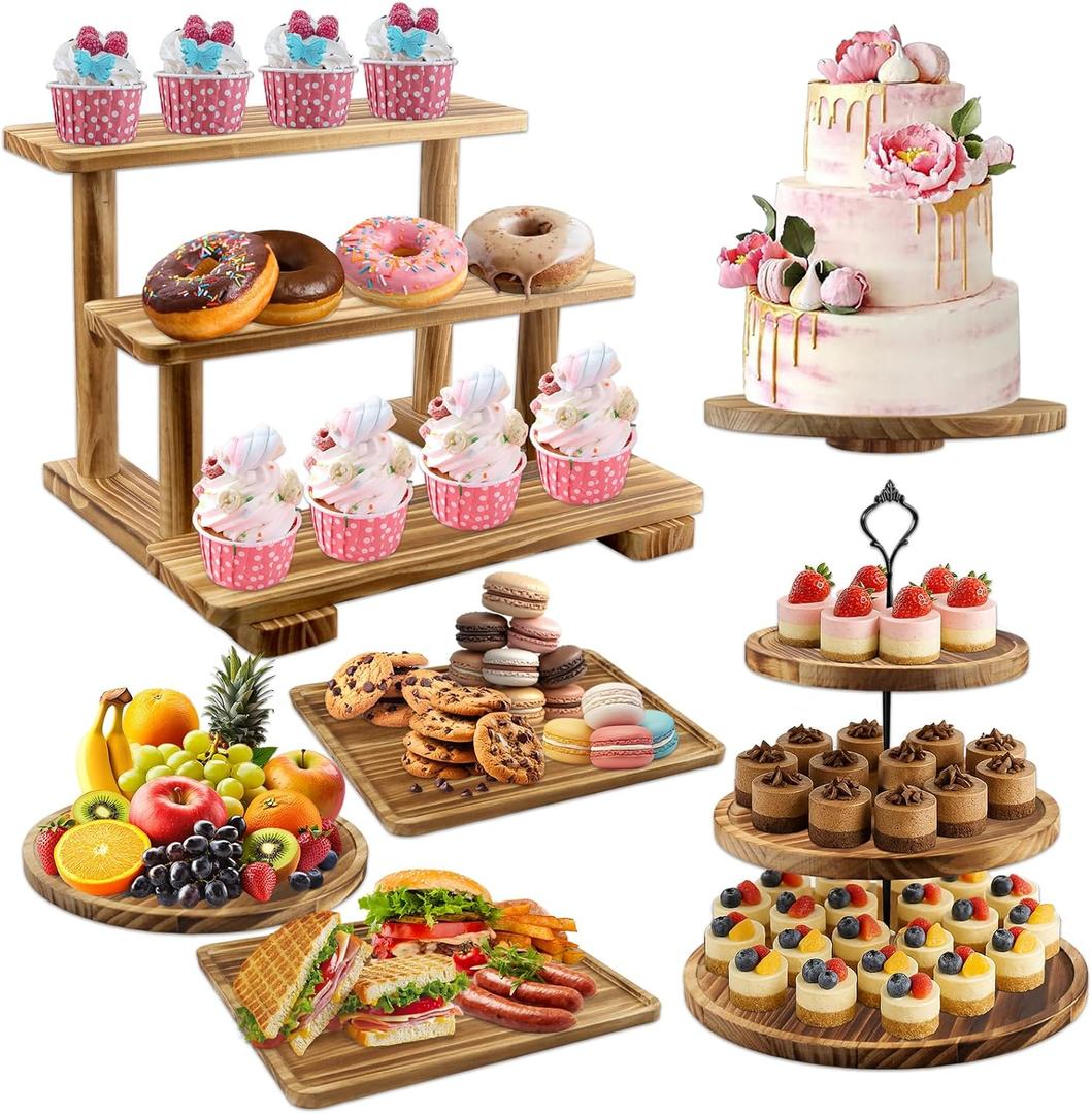 Esmorah Wooden Dessert Table Display Set of 6, Cake and Cupcake Stand Combo (Includes: 2 Three-tier Wooden Cupcake Stands, 1 Cake Stand with Base, 3 Wood Cupcake Display Trays) for Wedding/Party