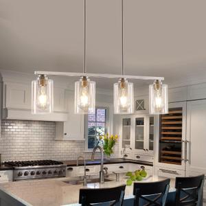Mecgirn Island Light for Kitchen, Brushed Nickel Dining Room Light Fixture Over Table, 4-Light Linear Chandelier Pendant Lighting for Dining Table Kitchen Island Living Room, 4 Light + Clear Glass