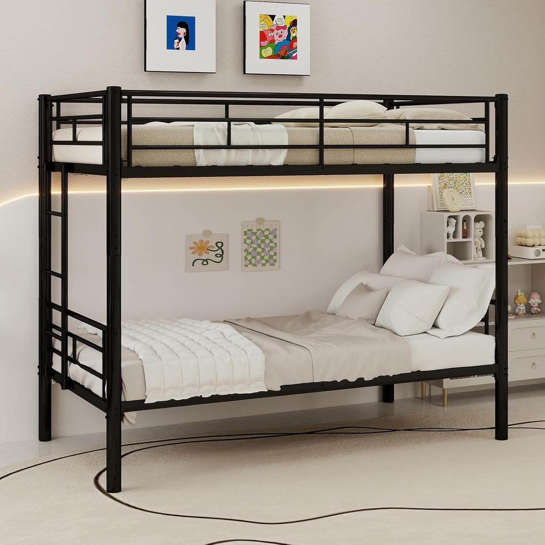 Metal Bunk Bed Twin Over Twin, Heavy Duty Bunk Beds with Ladder and Full-Length Guardrail for Kids/Teens/Adults, Convertible into 2 Beds, Under-bed Storage Bunkbed, No Spring Box Required, Black