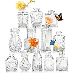 Der Rose Glass Bud Vases Set of 12, Small Bud Vases for Flowers, Rustic Wedding Centerpieces and Home Decor (Clear)
