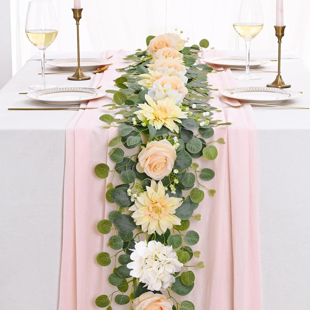 Yastouay 6 Ft Flower Garland with Lights, Champagne Rose Floral Garland Fake Flowers for Wedding Arch Party Tables Backdrop Decor