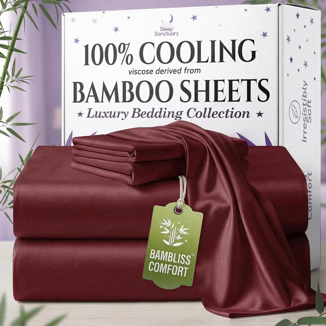 SLEEP SANCTUARY 100% Viscose Derived from Bamboo Sheets Twin Size 4pcs  BamBliss Luxury Cooling Sheets for Hot Sleepers - Cloud Soft, 17" Deep Pocket, Ultra Durable Bed Set (Burgundy)