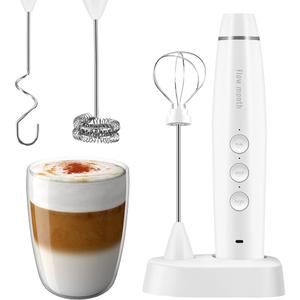 Milk Frother Handheld Rechargeable Foam Maker for Lattes,Electric 3 Whisks Drink Mixer for Bulletproof Coffee, Mini Foamer for Cappuccino Frappe Matcha Hot Chocolate (White 3.0)