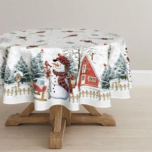 Horaldaily Christmas Tablecloth 7070 Inch Round, Winter Snowman House Christmas Trees Whirte Washable Table Cover for Party Picnic Dinner Decor (White)