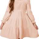 blibean Girls Cotton Long Sleeve Dresses Ruffled Boho Tiered Dress Size 6-15 Years (Beige, L)