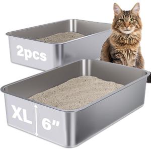 Stainless Steel Litter Box 2 Pack, 23.6" X 15.7" X 6" Steel Litter Box XL No Smell, Extra Large Metal Litterbox for Big Cat, Multiple Cats, Non Stick, Easy Cleaning