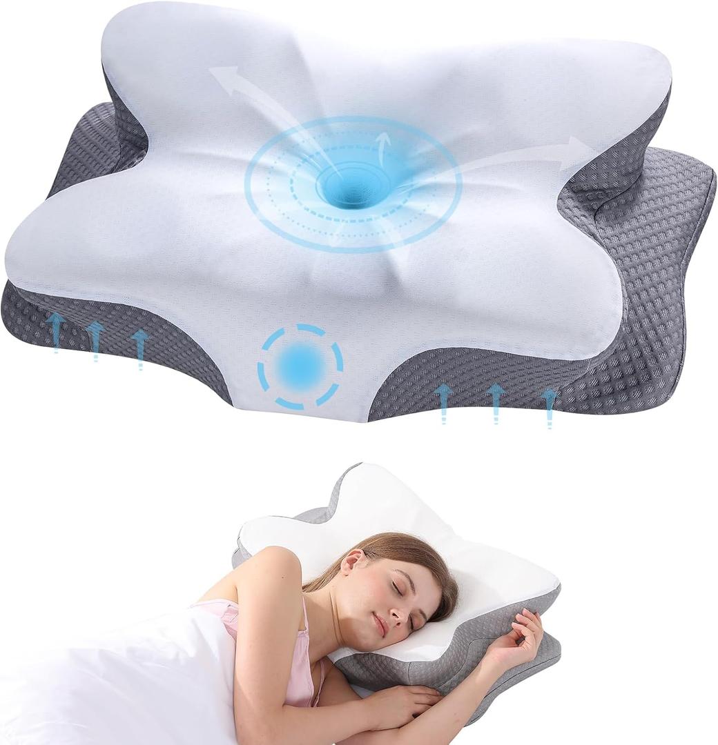 Cervical Neck Pillow, Memory Foam Pillows for Neck and Shoulder Pain Relief, 2 Heights Ergonomic Pillow with Breathable Ice Silk Cover, Neck Support Pillow for Side Sleepers White