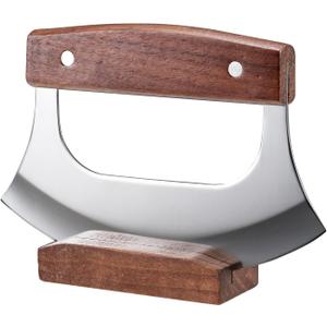 Ulu Knife - Sharp Rocker Mezzaluna Knife with Stand for Cutter Pizza, Meat, Vegetables, Herb, Salad, Stainless Steel Blade, Walnut Wood Handle, Kitchen Essentials Accessories and Gadgets Tools (Brown)
