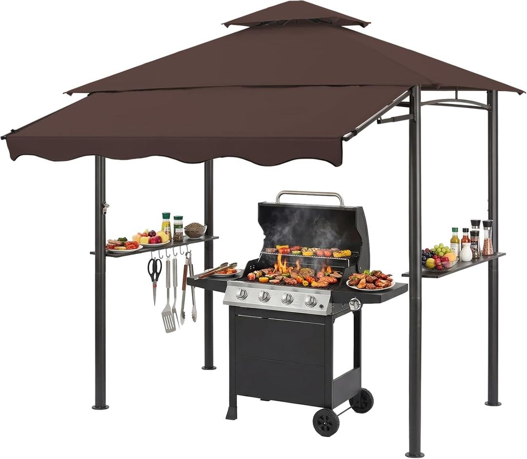 CHARMELEON 8x8 FT Grill Gazebo, Grill Canopy with Big Awning&2 Side Shelves&6 Hooks&Bottle Opener, Powder-Coated Steel BBQ Shelter for Patio Backyard Outdoor Grilling-Brown