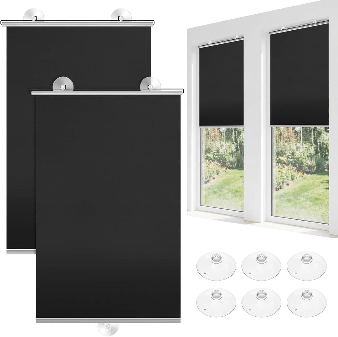 Moukeren 2 Pcs Black Blackout Roller Shades with 6 Suction Cups, 49" x 19.7" No Drilling Retractable Portable Window Blinds, Removable Temporary Blackout Shades for Home Office Bedroom Balcony