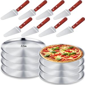 16 Pcs 12'' Pizza Oven Pans and Servers Set, 8 Stainless Steel Pizza Pan Trays 8 Pie Spatula Servers with Wood Handle, Cutting Shoveling Pie Cake Serving Utensils for Oven Baking Kitchen Restaurant