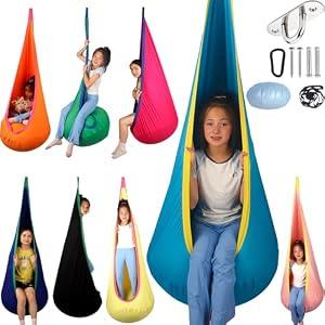 HiCamer Sensory Swing for Kids Indoor and Outdoor Pod Hammock Chair Seat Upgrade Max 300 lbs Hanging Swing with Inflatable Cushion Includes Hardware Hanger Kit for Aspergers Autism ADHD (Teal)