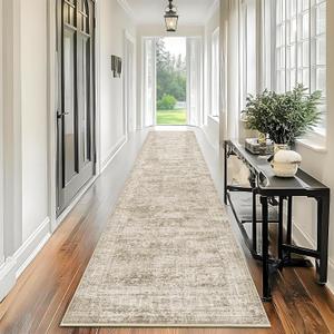 Runner Rug 2'6" x 12' Washable Non-Slip Runner Rugs for Kitchen Bathroom Laundry Room Vintage Ultra Thin Runners for Hallway Entryway Brown