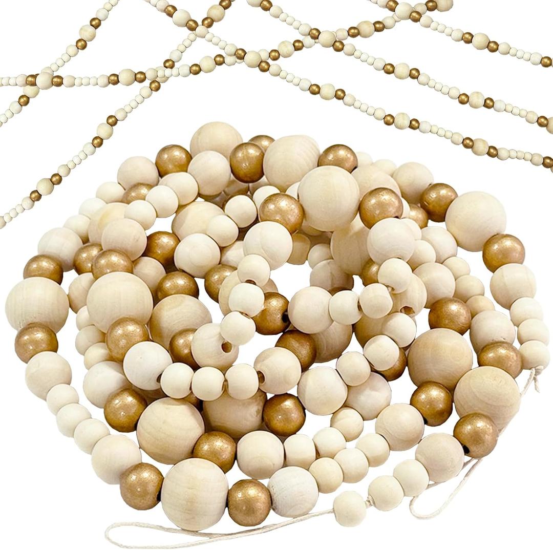 86.6 inch Christmas Wood Bead Garland,Gold Natural Decorated Beads Garland Ornament for Christmas Tree Farmhouse Home Decoration