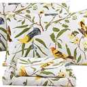 URBONUR 4Pcs Birds Sheets Set for King Bed, Farmhouse Green Leaves Pattern, Luxurious Egyptian Percale Cotton Bed Sheet Silky Smooth Breathable & Cooling Sheets Set Bedding Collection, King Size