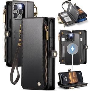 Defencase for iPhone 15 Pro Max Magnetic Wallet Case Compatible with Magsafe with RFID Blocking Zipper Strap Card Holder for Women Men, PU Leather Detachable Case for iPhone 15 Pro Max (6.7"), Black