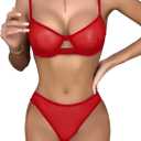 Lilosy Sexy Mesh Sheer Underwire Push Up Lingerie Set Lingerie Set (Large, Red)