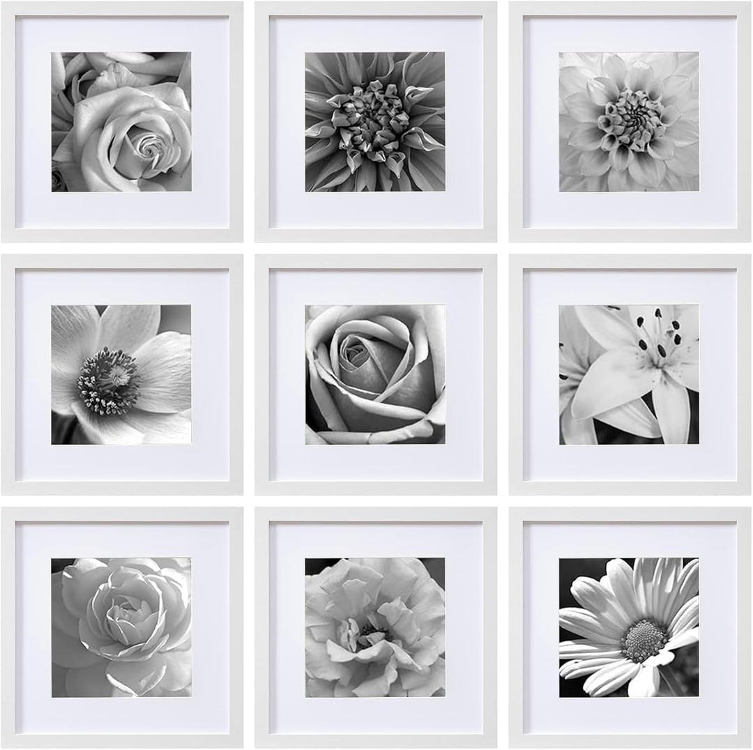 eletecpro 12x12 Picture Frames Set of 9 with Clear Acrylic Cover, Display 8x8 Photos with Mat or 12x12 Without, Classic and Sturdy Square Collage Gallery Wall Decor, Easy Wall Mount, White