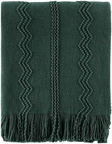 BATTILO HOME Christmas Décor Green Throw Blanket with Fringe, Geometric Bed Throws Dark Green Throws Decorative Throw Blanket for Couch, 50"x60"