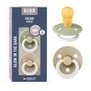 BIBS Pacifiers Colour Collection | Natural Rubber Baby Pacifier | Set of 2 BPA-Free Soothers | Made in Denmark | 18+ Months (Pack of 2) | Sage Glow/Vanilla Glow
