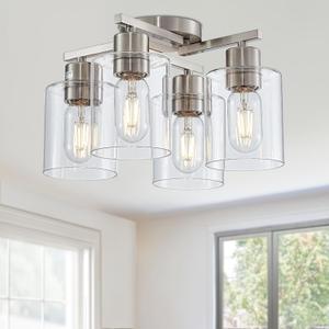 Semi Flush Mount Ceiling Light Kitchen Lighting Fixtures Ceiling Brushed Nickel Kitchen Cieling Light Fixtures with Clear Glass Shade for Dining Room Bedroom Living Room Hallway E26 Scoket, 4 light